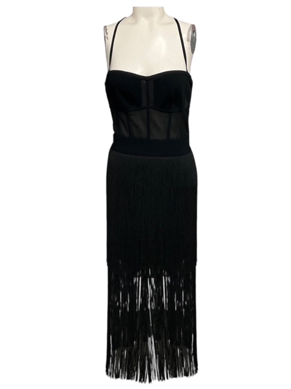 HERVE LEGER BLACK BUSTIER FRINGE MIDI COCKTAIL DRESS